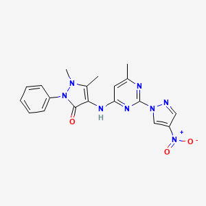 molecular formula C19H18N8O3 B2921312 1,5-dimethyl-4-((6-methyl-2-(4-nitro-1H-pyrazol-1-yl)pyrimidin-4-yl)amino)-2-phenyl-1H-pyrazol-3(2H)-one CAS No. 1019099-88-7