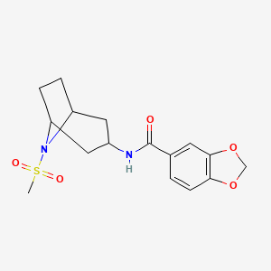 molecular formula C16H20N2O5S B2921348 N-(8-(甲基磺酰基)-8-氮杂双环[3.2.1]辛烷-3-基)苯并[d][1,3]二噁杂环-5-甲酰胺 CAS No. 2034266-62-9
