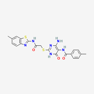 molecular formula C22H20N6O3S2 B2921469 N-(4-amino-2-((2-((6-methylbenzo[d]thiazol-2-yl)amino)-2-oxoethyl)thio)-6-oxo-1,6-dihydropyrimidin-5-yl)-4-methylbenzamide CAS No. 872597-57-4