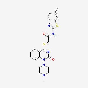 molecular formula C23H28N6O2S2 B2921742 N-(6-methyl-1,3-benzothiazol-2-yl)-2-{[1-(4-methylpiperazin-1-yl)-2-oxo-1,2,5,6,7,8-hexahydroquinazolin-4-yl]sulfanyl}acetamide CAS No. 899756-04-8