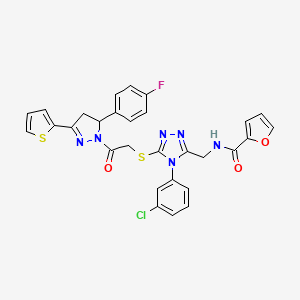 molecular formula C29H22ClFN6O3S2 B2921893 N-{[4-(3-chlorophenyl)-5-({2-[5-(4-fluorophenyl)-3-(thiophen-2-yl)-4,5-dihydro-1H-pyrazol-1-yl]-2-oxoethyl}sulfanyl)-4H-1,2,4-triazol-3-yl]methyl}furan-2-carboxamide CAS No. 362506-51-2