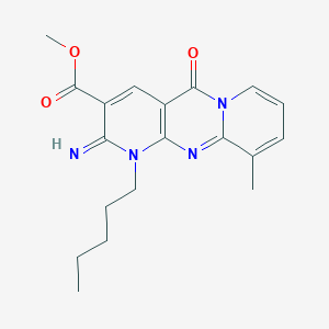 molecular formula C19H22N4O3 B2921899 methyl 6-imino-11-methyl-2-oxo-7-pentyl-1,7,9-triazatricyclo[8.4.0.03,8]tetradeca-3(8),4,9,11,13-pentaene-5-carboxylate CAS No. 868144-05-2