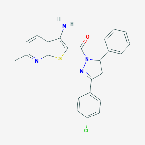 molecular formula C25H21ClN4OS B292191 2-{[3-(4-chlorophenyl)-5-phenyl-4,5-dihydro-1H-pyrazol-1-yl]carbonyl}-4,6-dimethylthieno[2,3-b]pyridin-3-ylamine 