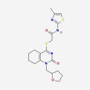 molecular formula C19H24N4O3S2 B2922225 N-(4-methyl-1,3-thiazol-2-yl)-2-({2-oxo-1-[(oxolan-2-yl)methyl]-1,2,5,6,7,8-hexahydroquinazolin-4-yl}sulfanyl)acetamide CAS No. 899756-54-8