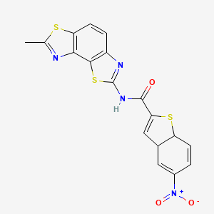 molecular formula C18H12N4O3S3 B2922228 N-{11-methyl-3,10-dithia-5,12-diazatricyclo[7.3.0.0^{2,6}]dodeca-1(9),2(6),4,7,11-pentaen-4-yl}-5-nitro-3a,7a-dihydro-1-benzothiophene-2-carboxamide CAS No. 476641-06-2