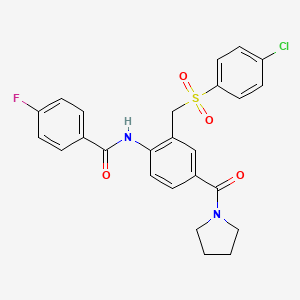 molecular formula C25H22ClFN2O4S B2922782 N-[2-{[(4-chlorophenyl)sulfonyl]methyl}-4-(1-pyrrolidinylcarbonyl)phenyl]-4-fluorobenzenecarboxamide CAS No. 339101-90-5