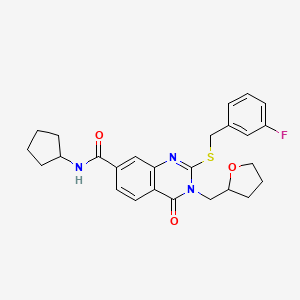 molecular formula C26H28FN3O3S B2922876 N-cyclopentyl-2-{[(3-fluorophenyl)methyl]sulfanyl}-4-oxo-3-[(oxolan-2-yl)methyl]-3,4-dihydroquinazoline-7-carboxamide CAS No. 2380183-14-0