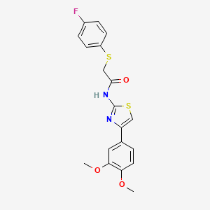 molecular formula C19H17FN2O3S2 B2923005 N-(4-(3,4-dimethoxyphenyl)thiazol-2-yl)-2-((4-fluorophenyl)thio)acetamide CAS No. 896343-01-4