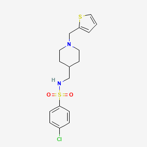 molecular formula C17H21ClN2O2S2 B2923024 4-chloro-N-((1-(thiophen-2-ylmethyl)piperidin-4-yl)methyl)benzenesulfonamide CAS No. 953205-16-8