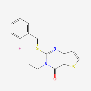 molecular formula C15H13FN2OS2 B2923026 3-ethyl-2-((2-fluorobenzyl)thio)thieno[3,2-d]pyrimidin-4(3H)-one CAS No. 1790194-17-0