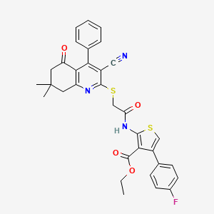 molecular formula C33H28FN3O4S2 B2923117 ethyl 2-{2-[(3-cyano-7,7-dimethyl-5-oxo-4-phenyl-5,6,7,8-tetrahydroquinolin-2-yl)sulfanyl]acetamido}-4-(4-fluorophenyl)thiophene-3-carboxylate CAS No. 670272-83-0