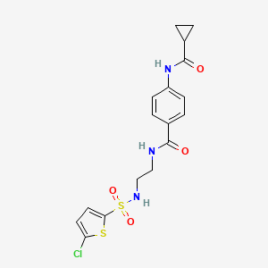 molecular formula C17H18ClN3O4S2 B2923142 N-[2-(5-chlorothiophene-2-sulfonamido)ethyl]-4-cyclopropaneamidobenzamide CAS No. 1091471-79-2