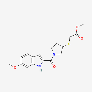 molecular formula C17H20N2O4S B2923273 methyl 2-{[1-(6-methoxy-1H-indole-2-carbonyl)pyrrolidin-3-yl]sulfanyl}acetate CAS No. 2097860-04-1