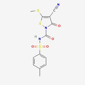 molecular formula C13H11N3O4S3 B2923285 N-{[4-cyano-5-(methylsulfanyl)-3-oxo-2(3H)-isothiazolyl]carbonyl}-4-methylbenzenesulfonamide CAS No. 29388-97-4