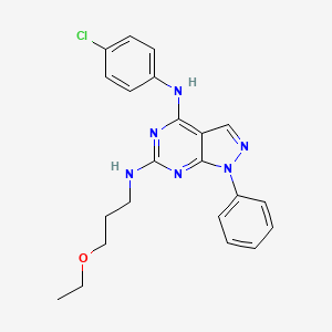 molecular formula C22H23ClN6O B2923476 {4-[(4-Chlorophenyl)amino]-1-phenylpyrazolo[5,4-d]pyrimidin-6-yl}(3-ethoxyprop yl)amine CAS No. 946296-95-3