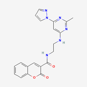 molecular formula C20H18N6O3 B2923498 N-(2-((2-methyl-6-(1H-pyrazol-1-yl)pyrimidin-4-yl)amino)ethyl)-2-oxo-2H-chromene-3-carboxamide CAS No. 1203372-23-9