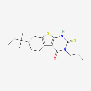 molecular formula C18H26N2OS2 B2923555 11-(2-Methylbutan-2-yl)-4-propyl-5-sulfanyl-8-thia-4,6-diazatricyclo[7.4.0.0^{2,7}]trideca-1(9),2(7),5-trien-3-one CAS No. 736162-70-2