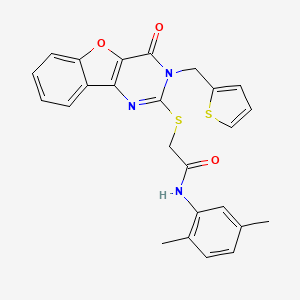 molecular formula C25H21N3O3S2 B2923572 N-(2,5-dimethylphenyl)-2-({6-oxo-5-[(thiophen-2-yl)methyl]-8-oxa-3,5-diazatricyclo[7.4.0.0^{2,7}]trideca-1(9),2(7),3,10,12-pentaen-4-yl}sulfanyl)acetamide CAS No. 900002-43-9