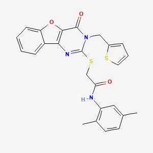 molecular formula C25H21N3O3S2 B2923572 N-(2,5-dimethylphenyl)-2-{[4-oxo-3-(thiophen-2-ylmethyl)-3,4-dihydro[1]benzofuro[3,2-d]pyrimidin-2-yl]sulfanyl}acetamide CAS No. 900002-43-9