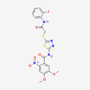 N-(5-((2-((2-fluorophenyl)amino)-2-oxoethyl)thio)-1,3,4-thiadiazol-2-yl)-4,5-dimethoxy-2-nitrobenzamide