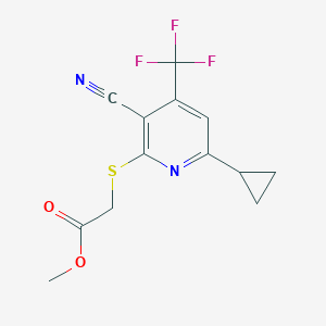 molecular formula C13H11F3N2O2S B2923806 methyl 2-{[3-cyano-6-cyclopropyl-4-(trifluoromethyl)pyridin-2-yl]sulfanyl}acetate CAS No. 625377-45-9