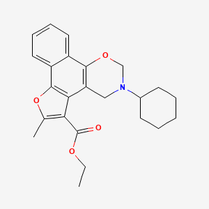 molecular formula C24H27NO4 B2923815 ethyl 9-cyclohexyl-4-methyl-3,11-dioxa-9-azatetracyclo[11.4.0.02,6.07,12]heptadeca-1(17),2(6),4,7(12),13,15-hexaene-5-carboxylate CAS No. 371225-26-2