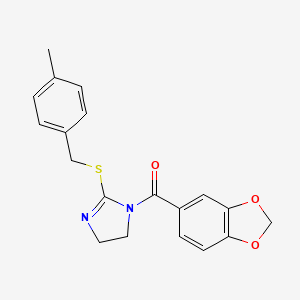 molecular formula C19H18N2O3S B2923857 benzo[d][1,3]dioxol-5-yl(2-((4-methylbenzyl)thio)-4,5-dihydro-1H-imidazol-1-yl)methanone CAS No. 851804-98-3