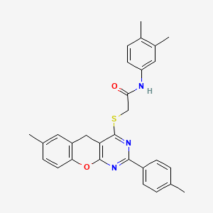 molecular formula C29H27N3O2S B2923995 N-(3,4-DIMETHYLPHENYL)-2-{[7-METHYL-2-(4-METHYLPHENYL)-5H-CHROMENO[2,3-D]PYRIMIDIN-4-YL]SULFANYL}ACETAMIDE CAS No. 895641-96-0