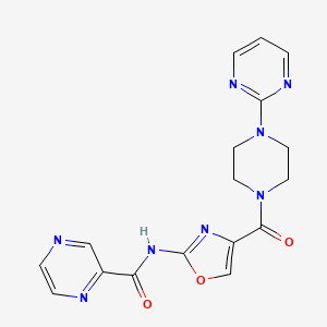 molecular formula C17H16N8O3 B2924076 N-(4-(4-(pyrimidin-2-yl)piperazine-1-carbonyl)oxazol-2-yl)pyrazine-2-carboxamide CAS No. 1396852-63-3