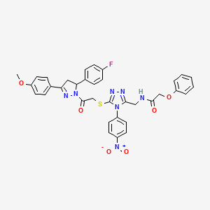 molecular formula C35H30FN7O6S B2924436 N-((5-((2-(5-(4-fluorophenyl)-3-(4-methoxyphenyl)-4,5-dihydro-1H-pyrazol-1-yl)-2-oxoethyl)thio)-4-(4-nitrophenyl)-4H-1,2,4-triazol-3-yl)methyl)-2-phenoxyacetamide CAS No. 393585-26-7