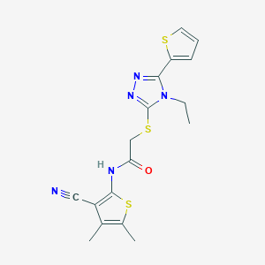 molecular formula C17H17N5OS3 B292475 N-(3-cyano-4,5-dimethylthiophen-2-yl)-2-[(4-ethyl-5-thiophen-2-yl-1,2,4-triazol-3-yl)sulfanyl]acetamide 