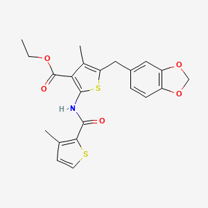 molecular formula C22H21NO5S2 B2924842 ethyl 5-[(2H-1,3-benzodioxol-5-yl)methyl]-4-methyl-2-(3-methylthiophene-2-amido)thiophene-3-carboxylate CAS No. 377764-55-1