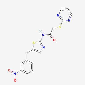 molecular formula C16H13N5O3S2 B2924871 N-[5-(3-nitrobenzyl)-1,3-thiazol-2-yl]-2-(pyrimidin-2-ylsulfanyl)acetamide CAS No. 847246-82-6