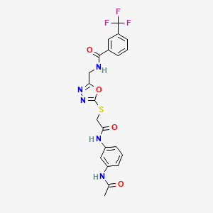 molecular formula C21H18F3N5O4S B2925331 N-((5-((2-((3-acetamidophenyl)amino)-2-oxoethyl)thio)-1,3,4-oxadiazol-2-yl)methyl)-3-(trifluoromethyl)benzamide CAS No. 906155-32-6