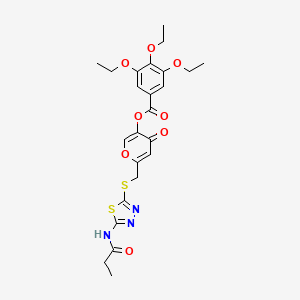 molecular formula C24H27N3O8S2 B2925378 4-oxo-6-(((5-propionamido-1,3,4-thiadiazol-2-yl)thio)methyl)-4H-pyran-3-yl 3,4,5-triethoxybenzoate CAS No. 896018-20-5