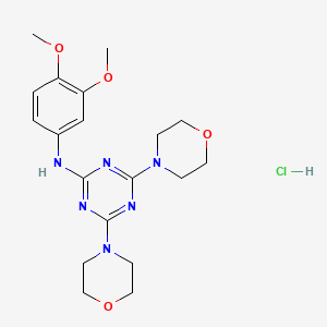 molecular formula C19H27ClN6O4 B2925500 N-(3,4-dimethoxyphenyl)-4,6-bis(morpholin-4-yl)-1,3,5-triazin-2-amine hydrochloride CAS No. 1177623-29-8