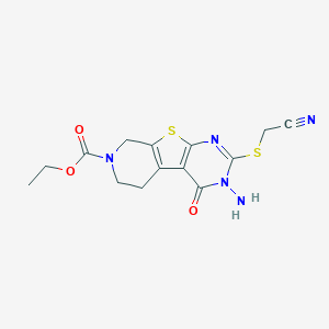 molecular formula C14H15N5O3S2 B292557 ethyl 4-amino-5-(cyanomethylsulfanyl)-3-oxo-8-thia-4,6,11-triazatricyclo[7.4.0.02,7]trideca-1(9),2(7),5-triene-11-carboxylate 