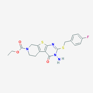 molecular formula C19H19FN4O3S2 B292561 ethyl 4-amino-5-[(4-fluorophenyl)methylsulfanyl]-3-oxo-8-thia-4,6,11-triazatricyclo[7.4.0.02,7]trideca-1(9),2(7),5-triene-11-carboxylate 