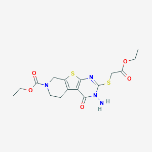 molecular formula C16H20N4O5S2 B292562 ethyl 4-amino-5-(2-ethoxy-2-oxoethyl)sulfanyl-3-oxo-8-thia-4,6,11-triazatricyclo[7.4.0.02,7]trideca-1(9),2(7),5-triene-11-carboxylate 