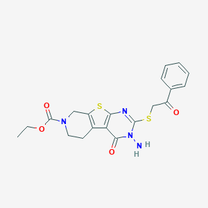 molecular formula C20H20N4O4S2 B292563 ethyl 4-amino-3-oxo-5-phenacylsulfanyl-8-thia-4,6,11-triazatricyclo[7.4.0.02,7]trideca-1(9),2(7),5-triene-11-carboxylate 