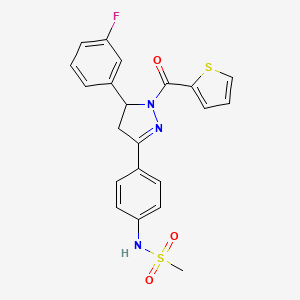 molecular formula C21H18FN3O3S2 B2925667 N-{4-[5-(3-fluorophenyl)-1-(thiophene-2-carbonyl)-4,5-dihydro-1H-pyrazol-3-yl]phenyl}methanesulfonamide 