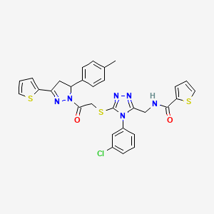 molecular formula C30H25ClN6O2S3 B2926038 N-((4-(3-chlorophenyl)-5-((2-oxo-2-(3-(thiophen-2-yl)-5-(p-tolyl)-4,5-dihydro-1H-pyrazol-1-yl)ethyl)thio)-4H-1,2,4-triazol-3-yl)methyl)thiophene-2-carboxamide CAS No. 362507-63-9