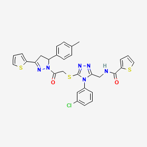 N-((4-(3-chlorophenyl)-5-((2-oxo-2-(3-(thiophen-2-yl)-5-(p-tolyl)-4,5-dihydro-1H-pyrazol-1-yl)ethyl)thio)-4H-1,2,4-triazol-3-yl)methyl)thiophene-2-carboxamide
