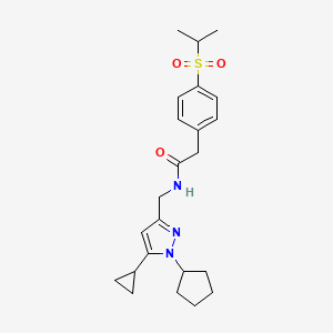 molecular formula C23H31N3O3S B2926101 N-((1-cyclopentyl-5-cyclopropyl-1H-pyrazol-3-yl)methyl)-2-(4-(isopropylsulfonyl)phenyl)acetamide CAS No. 1448077-57-3