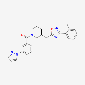 molecular formula C25H25N5O2 B2926136 (3-(1H-pyrazol-1-yl)phenyl)(3-((3-(o-tolyl)-1,2,4-oxadiazol-5-yl)methyl)piperidin-1-yl)methanone CAS No. 1705890-25-0
