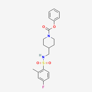 molecular formula C20H23FN2O4S B2926154 苯基 4-((4-氟-2-甲基苯磺酰胺)甲基)哌啶-1-甲酸酯 CAS No. 1234890-14-2