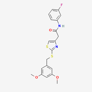 molecular formula C20H19FN2O3S2 B2926206 2-(2-((3,5-dimethoxybenzyl)thio)thiazol-4-yl)-N-(3-fluorophenyl)acetamide CAS No. 942001-77-6