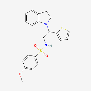 molecular formula C21H22N2O3S2 B2926228 N-(2-(indolin-1-yl)-2-(thiophen-2-yl)ethyl)-4-methoxybenzenesulfonamide CAS No. 898423-97-7
