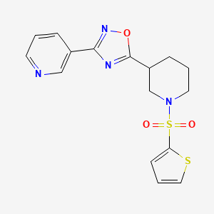 molecular formula C16H16N4O3S2 B2926229 3-{5-[1-(2-Thienylsulfonyl)piperidin-3-yl]-1,2,4-oxadiazol-3-yl}pyridine CAS No. 1105228-50-9