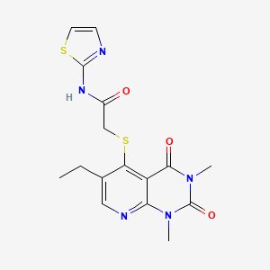 molecular formula C16H17N5O3S2 B2926234 2-((6-ethyl-1,3-dimethyl-2,4-dioxo-1,2,3,4-tetrahydropyrido[2,3-d]pyrimidin-5-yl)thio)-N-(thiazol-2-yl)acetamide CAS No. 941877-22-1